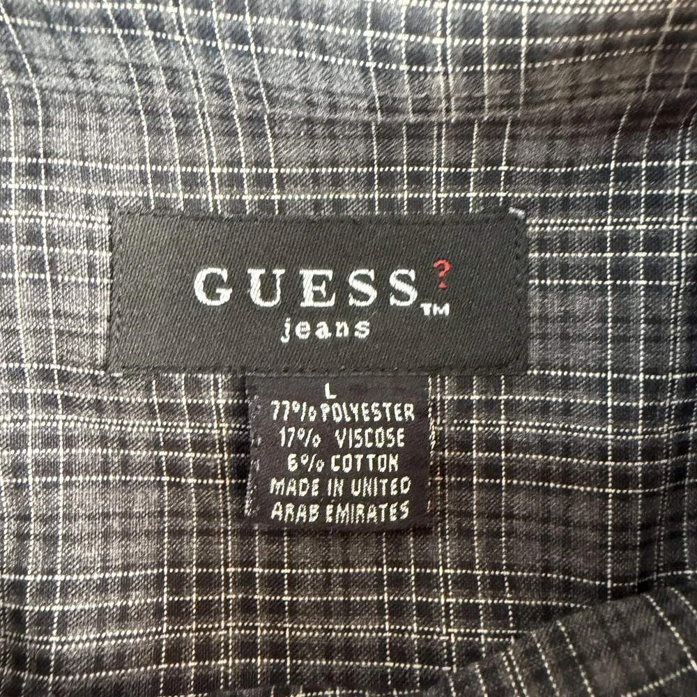 GUESS Jeans Shirt Mens Large Black Check Long Sleeve Button Up Casual Poly Blend
